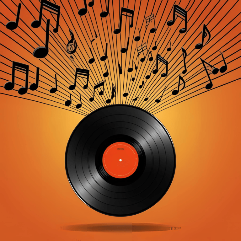 A vibrant image showcasing a vinyl record emitting musical notes against an orange backdrop, symbolizing the dynamic nature of music collections.