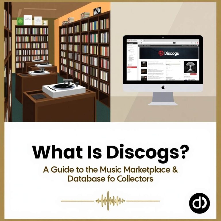 What Is Discogs - Music database and vinyl marketplace guide image with record store and computer screen