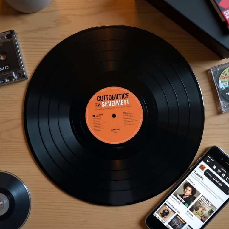 Top-down view of vinyl records and smartphone showing Discogs app, illustrating how to use Discogs to catalog and buy music.