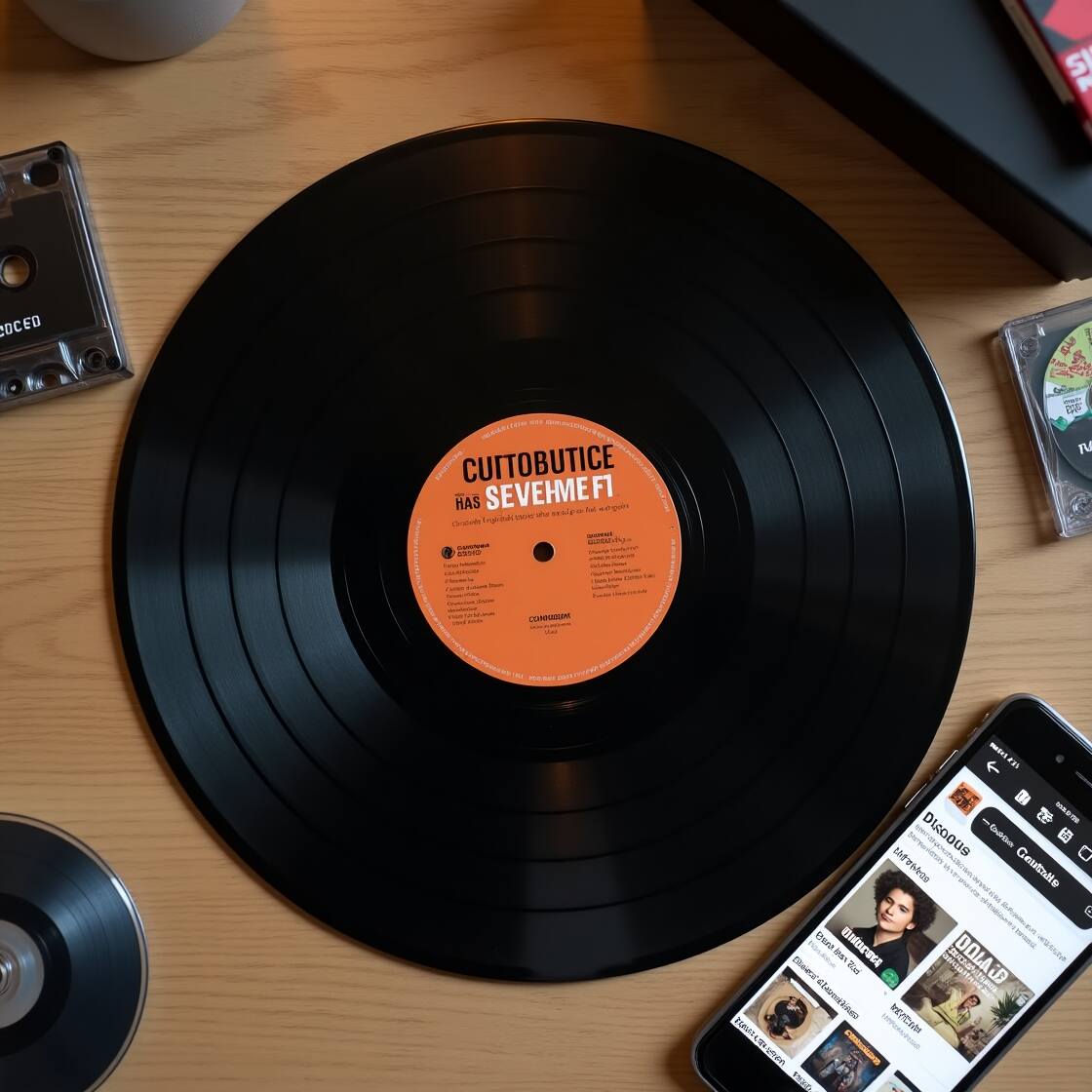 Top-down view of vinyl records and smartphone showing Discogs app, illustrating how to use Discogs to catalog and buy music.