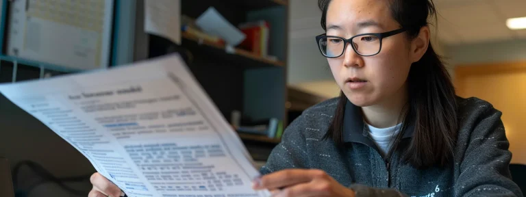 A woman with glasses is engaged in reading a paper, her expression reflecting concentration and interest.